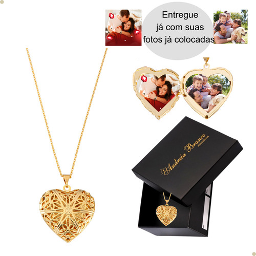 Colar relicário e pingente com 2 fotos já colocar coração banhado a ouro 18k e antialérgico Andreia Branco Acessórios