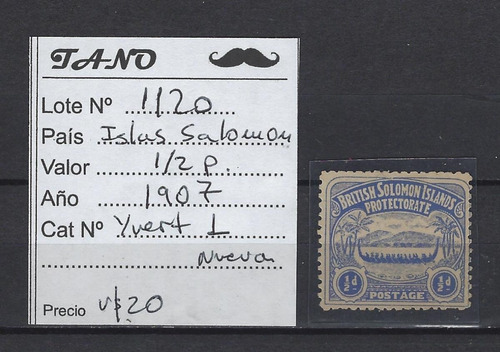 Lote1120 Islas Salomon 1/2 Penny Año 1907 Yvert# 1 Nueva