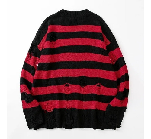Red Striped Black Sweater Torn Destroyed Sweater