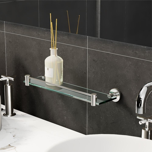 Soporte para champú con protección de vidrio y metal plateado pulido