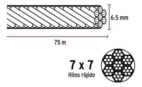 Cable De Acero 1/4' Rígido 7x7 Hilos Carrete 75 M
