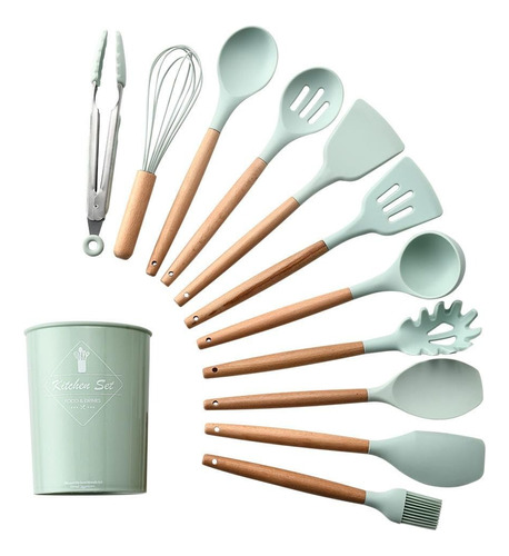 Juego Utensillos De Cocina 11 P C/ Soporte Madera Y Silicona