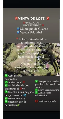 Vendo Lote En Guarne Vereda Yolombal 7485 M2
