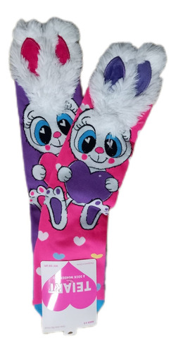 Calceta Con Diseño 3d Conejita Blanca Para Niños Y/o Niñas Celeste Floreado 3-5