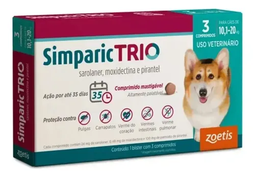 Simparic Trio 24mg Para Cães 10,1-20kg, 3 Comprimidos Verde