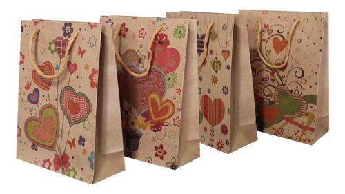 Imagem 1 de 3 de Sacolas Para Presentes Decoradas Kraft Corações Amor Com 12