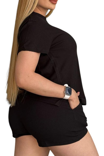 Conjunto Deportivo Short + Blusa Oversize Comodo Y Ligero Negro Lisa Unitalla