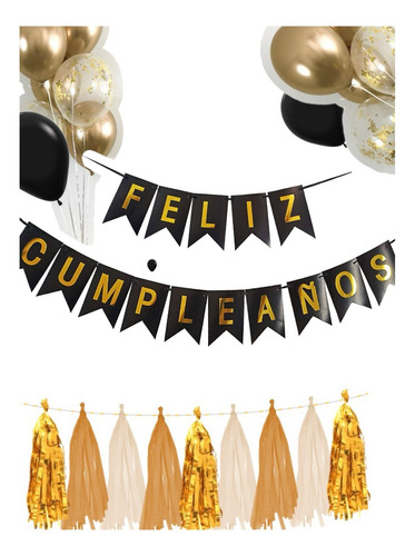 Decoración Feliz Cumpleaños Glitter Negro-dorado Las Condes