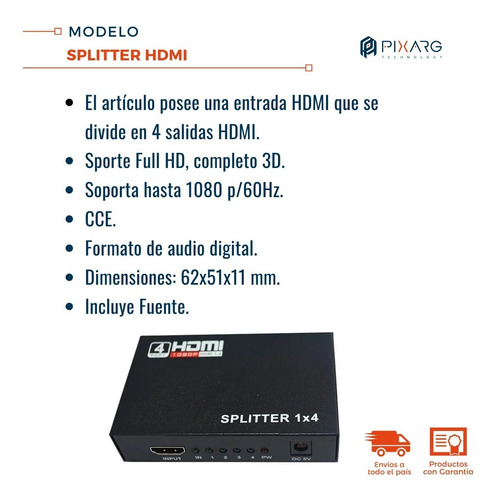 Splitter Hdmi Divisor 1x4 1080p Tv Monitor Proyect Fuente