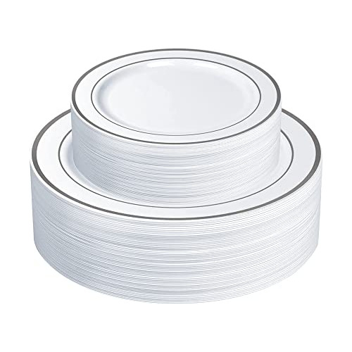 [60 Piece] Combo Silver Trim Plastic Plates Premium Hea...