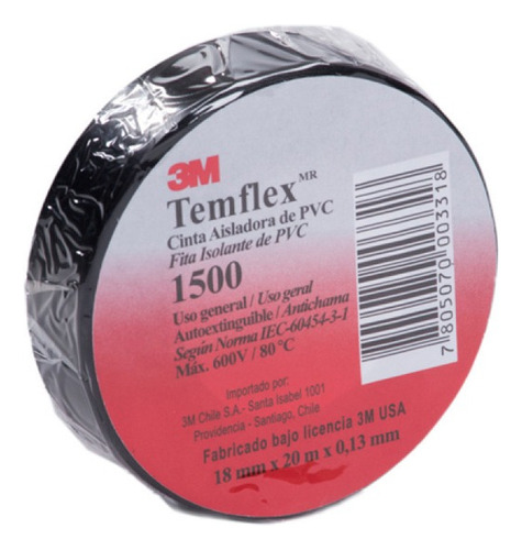 Cinta Aisladora Temflex 1500 Negra 18mm. X 5mts. 3m (50u.)