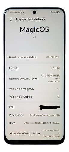 Celular Honor X8 128gb + 6gb, Tfy-lx3, Liberado. (Usado)