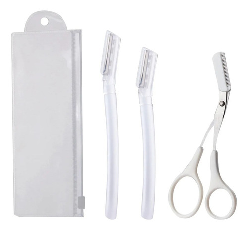 Kit 4 Pçs De Aparar Sobrancelhas 2 Navalha 1 Tesoura E Bolsa Cor Transparente