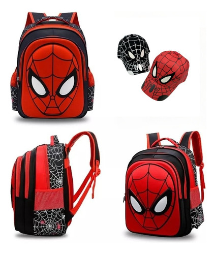Mochila Preescolar Spider Man 3d Dibujos Animados+sombrero Color Rojo Mfdf