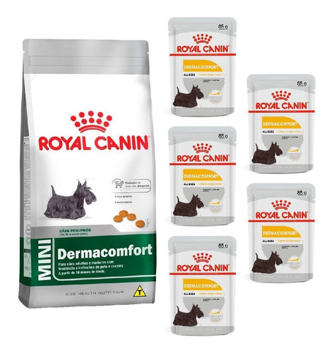 Kit Mini Adult Dermacomfort 2,5kg E 5 Sachê 85g Royal Canin
