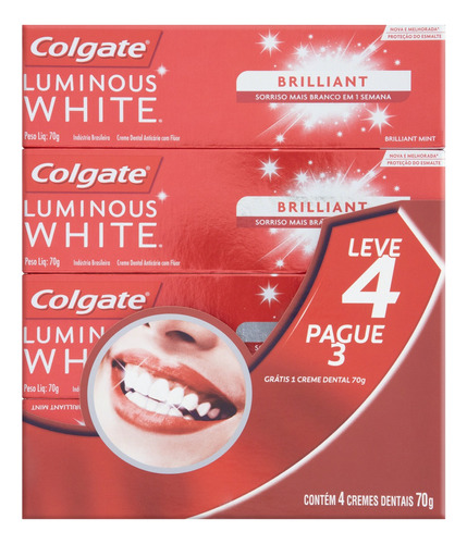 Pasta de dentes Colgate Luminous White Brilliant Mint  em creme pacote x 4 280 g