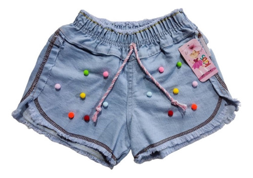 Shorts Jeans Feminino Infantil Com Pompom.