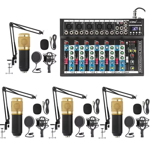 Kit Podcast Mesa De Som Bluetooth 6 Canais 4 Microfones Pro