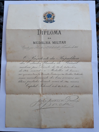 Documento Medalha Militar De 1904 Raro