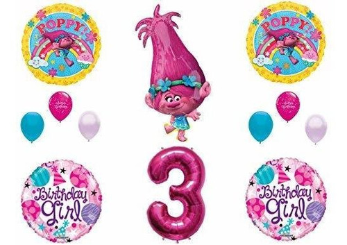 Trolls Poppy 3er Cumpleaños Niña Feliz Fiesta Globos Decorac