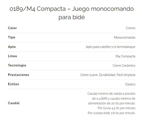 Imagen 2 de 8 de Griferia Fv Monocomando Bide Bidet Compacta 0189/m4 Cromo