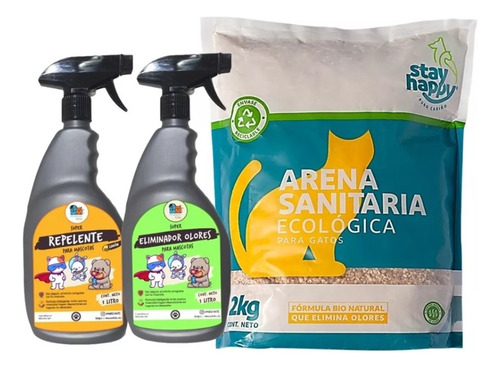 Kit Arena Gatos Ecológica4kg + Eliminador Olores + Repelente