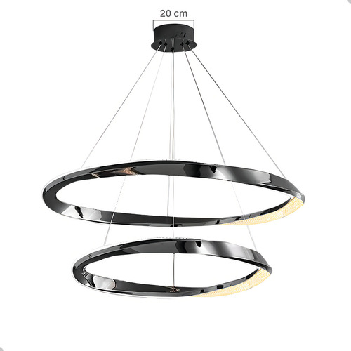 Gmh Lustre Luminária Pendente Led Integrado 2 Aneis Cristal Teto Moderno Quarto Sala Hall Recepção Pé Direito Alto Duplo 4 Metros Cabo Regulagem Modelo Unique 140 Black Preto 38w 1026 Luméns 127/220V
