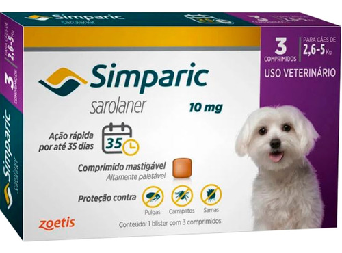 Pastilla antiparasitario para pulgas Zoetis Simparic para perro de 2.6kg a 5kg