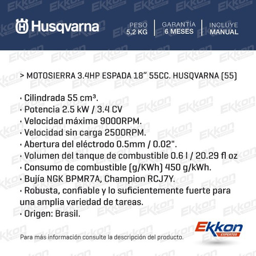 Imagen 2 de 6 de Motosierra Husqvarna 53.2cc Espada Cadena 18pLG Podadora 55