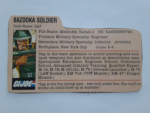Gi Joe Rene File Card Original Bazooka Soldier Zap 1982