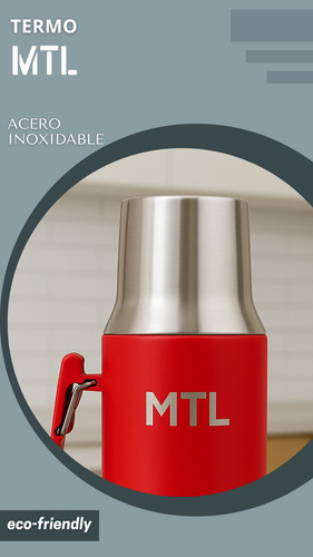 Termo Mtl 1 Litro Acero Inoxidable Pico Cebador Mate System Tapa Vaso Térmico Color Rojo Reforzado Alta Resistencia Liquidos Calientes Fríos