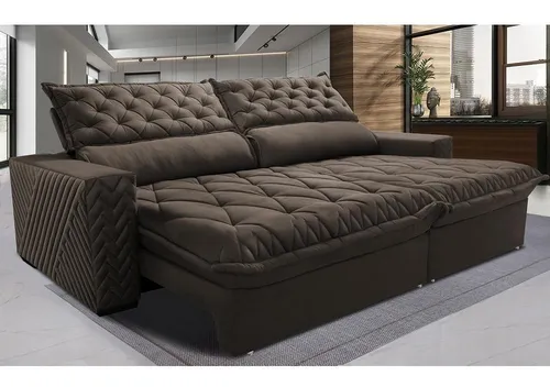 comprar Sofá Retrátil e Reclinável 2,15m Molas Ensacadas Cama inBox Spazus com Bordado 3D Velusoft Café