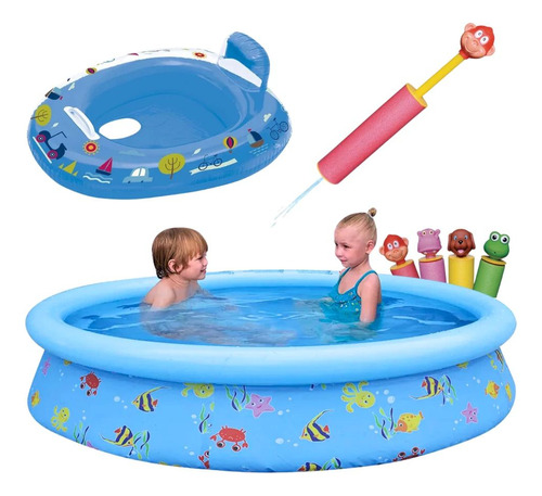 Kit Piscina 1000 L + Bote Fralda Azul + Lança Água Bichinhos