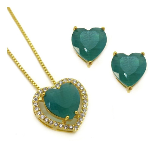 Conjunto Colar E Brinco Coração Cravejado Folheado Ouro 18k Cor Calcedônia Verde