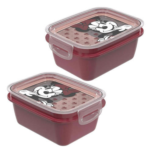 Kit 2 Potinhos Para Lanche Escola Disney Com Trava 850ml