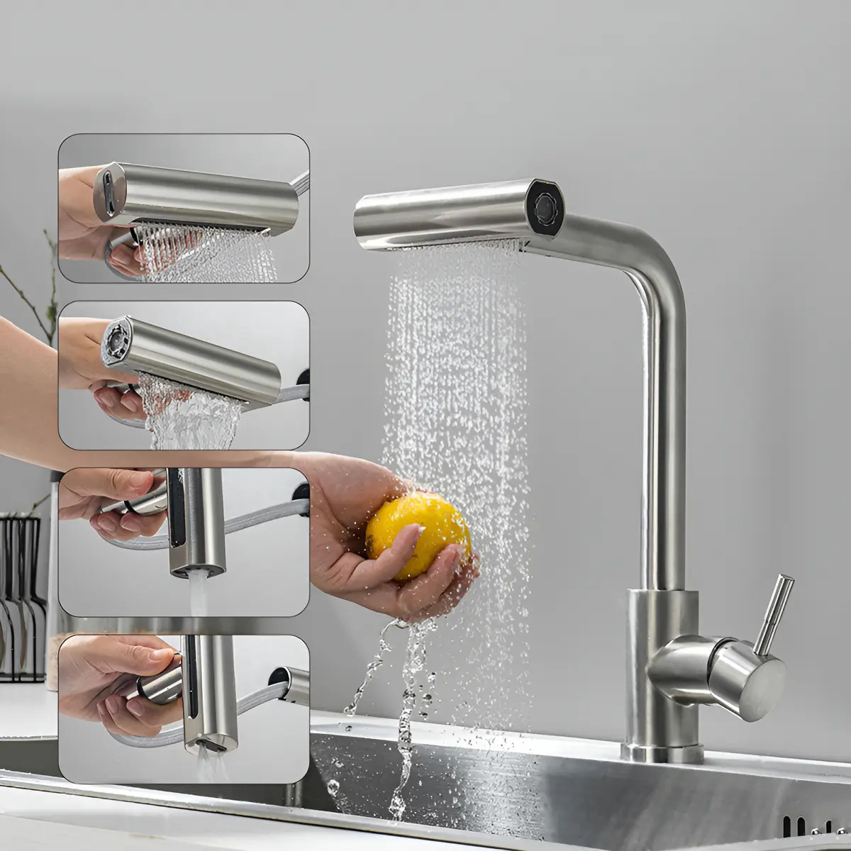 Torneira Pia Gourmet Para Monocomando Cozinha Flexivel Com Ducha Spray 4 Formulários 304 Inox Prateado + 60cm Tubo - Winda