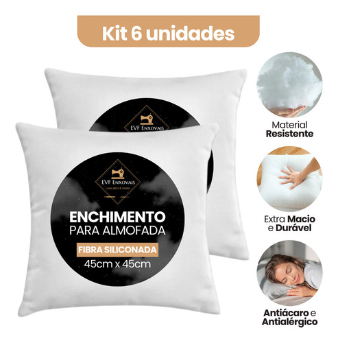 Kit 6 Enchimentos Para Almofada Refil Fibra Siliconada 45x45 Super Macia E Antiácaro