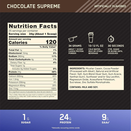 Caseina Optimun Nutrition 25 Servicios C Chocolate