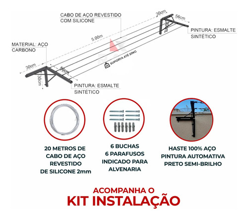 Kit Lavanderia Completa Varal Parede + Pregadores Reforçados Preto