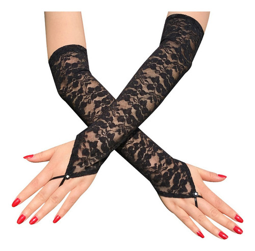 D 2x Guantes Sin Dedos Con Encaje De Codo Largo For Mujer