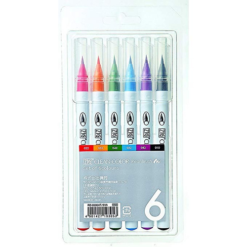 Kuretake Fude Real Pluma Del Cepillo, Limpio De Color, 6 Set