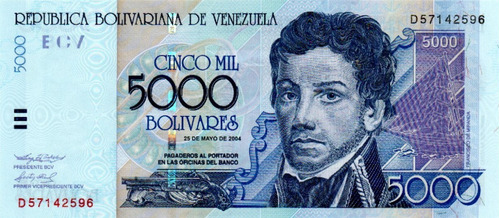 Billete 5000 Bolívares 25 De Mayo 2004 Serial D8 