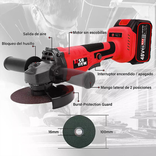 2 Baterías Esmeriladora Angular Inalámbrica Color Rojo 1300w