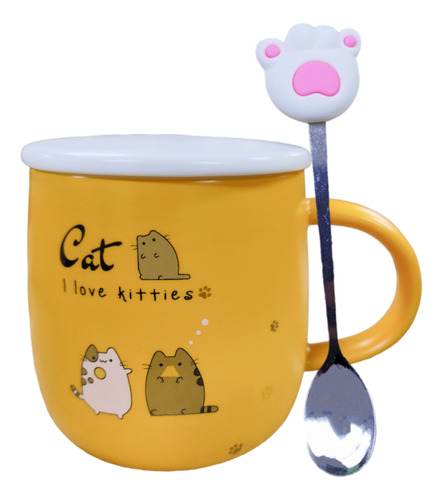 Taza De Café Té Con Tapa Y Cuchara Con Garrita Love Kitties