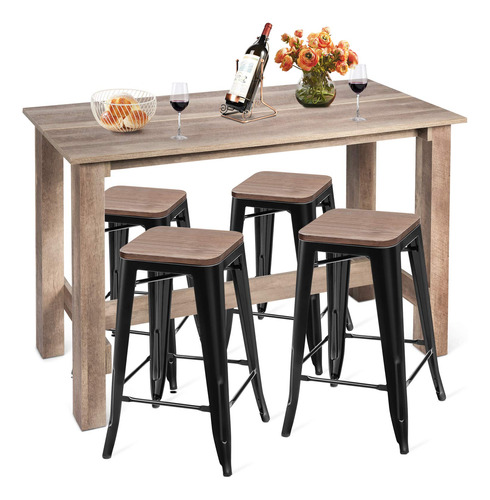 Juego Mesa Comedor 5 Piezas Altura Mostrador Mesa Madera 4 T