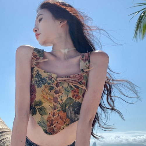 Blusa Top Vcorset De Flores Con Agujeta Kawaii