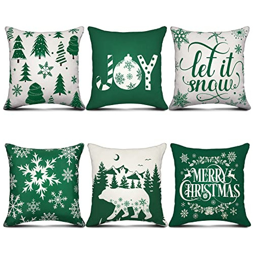 6 Fundas De Almohada De Navidad Verdes De 18 X 18 Pulga...