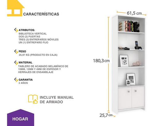 Imagen 4 de 7 de Mueble Casa Lista® Hogar - Biblioteca 2 Puertas