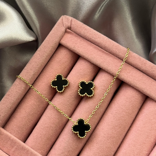 Colar Trevo Quatro Folhas Virgina + Brincos Banhado Ouro 18k Cor Preto