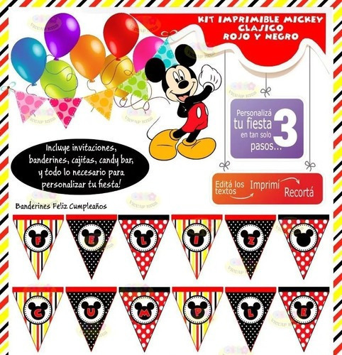 Kit Imprimible Mickey Mouse Clasico Rojo Y Negro Candy Bar